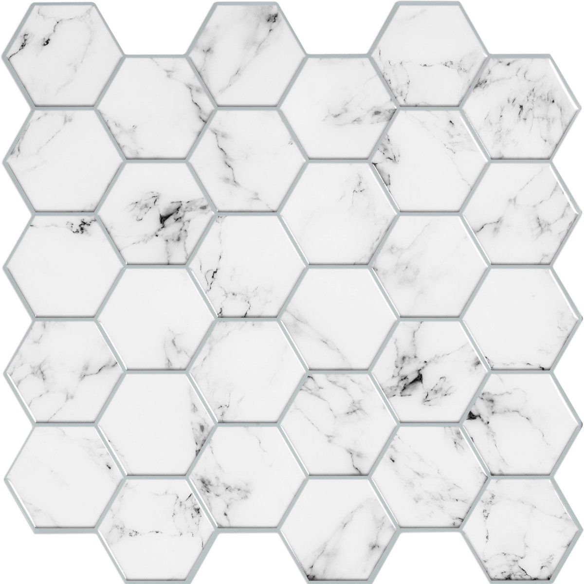 Carrara Marble Hexagon Peel & Stick Backsplash, Tile by York Wall, 10.8" length x 10.5" width x 0.06" depth