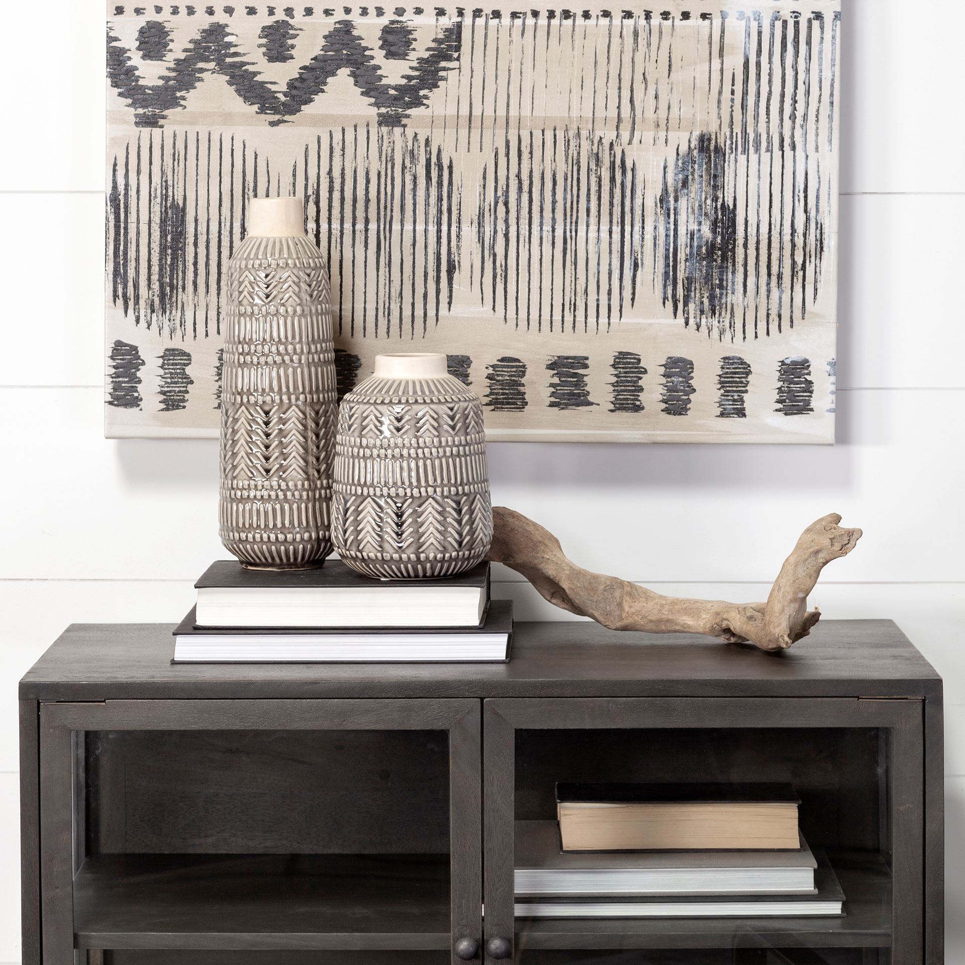 Riker III Large Dark Gray Cream Ceramic Vase, by Mercana, 5.12" length x 5.12" width x 14.17" height View 3