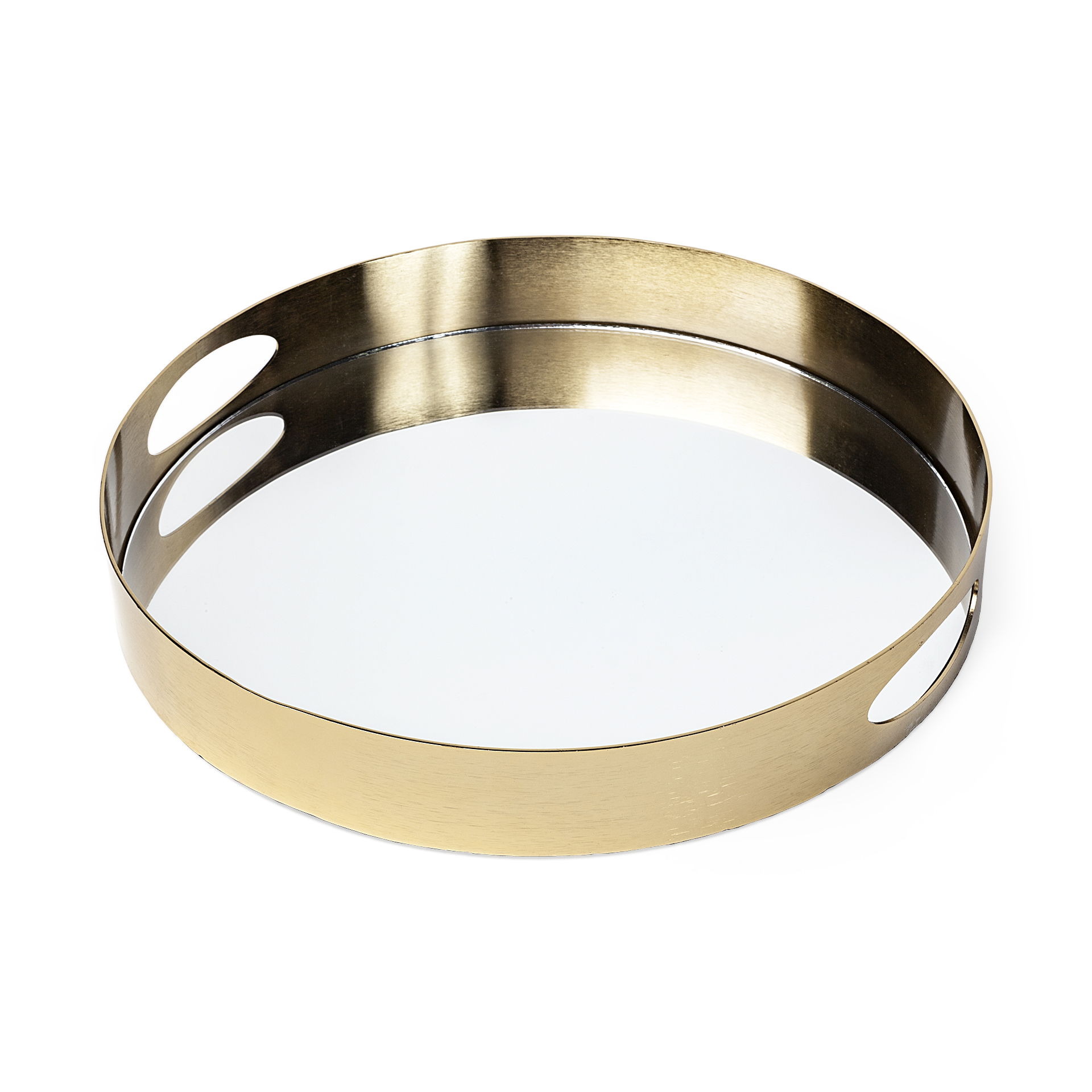 Serkis 15L x 15W Gold Metal Mirrored Base Round Tray, Decorative Tray by Mercana, 15.25" length x 15.25" width x 2.5" height View 1