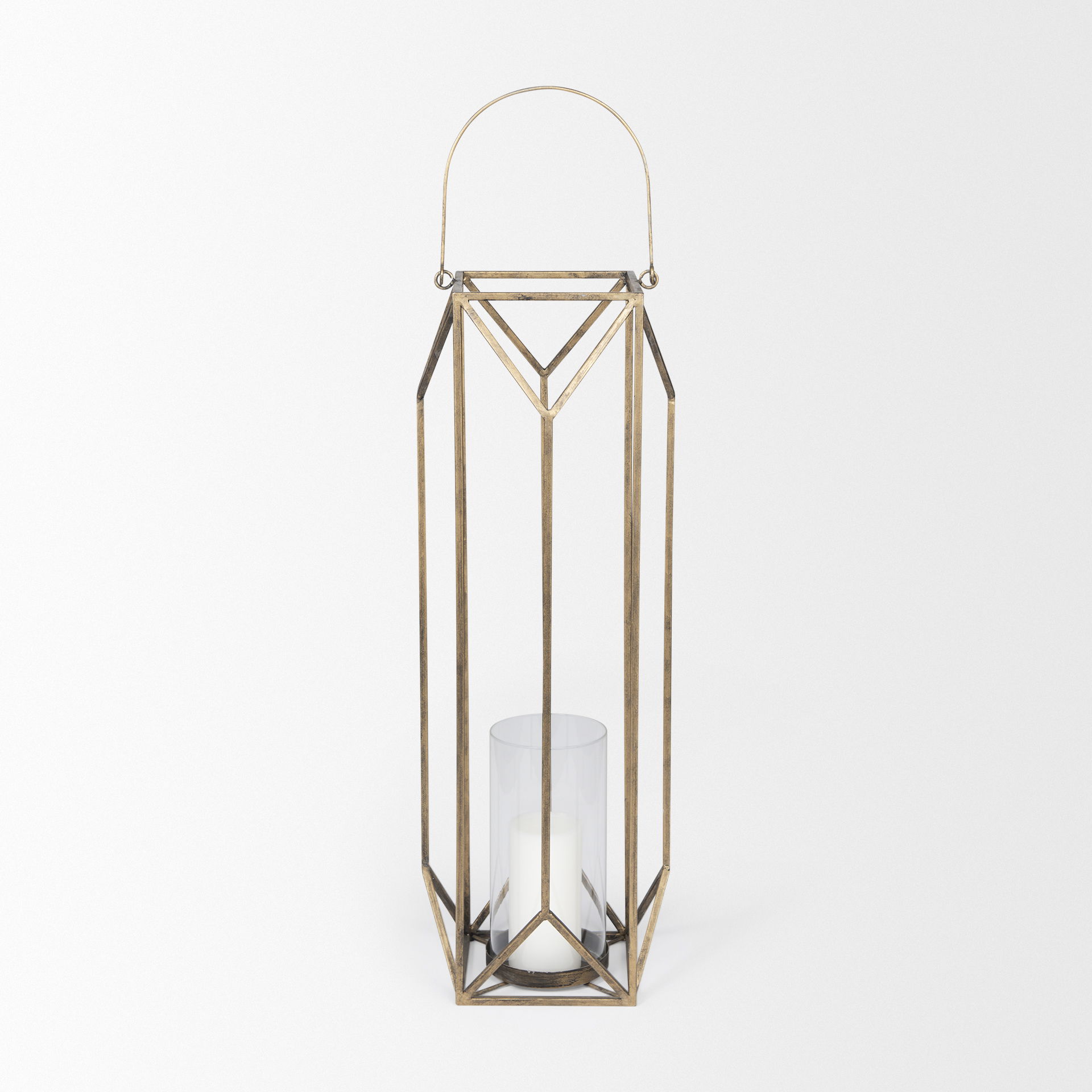 Ivy Large Gold Metal Geometric Cage Candle Holder Lantern, Lighting by Mercana, 10.24" length x 10.24" width x 36.02" height View 5