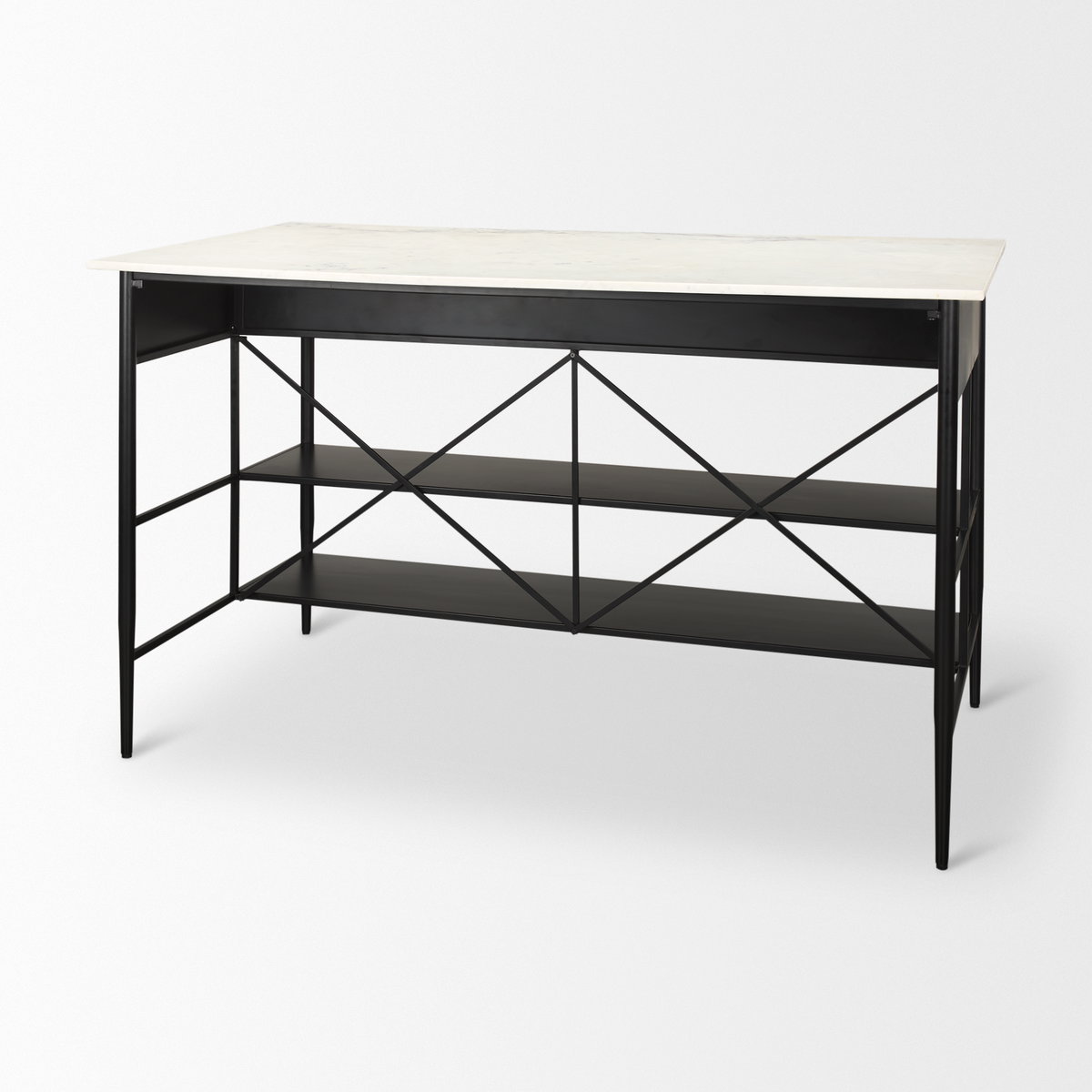 Amika White Marble Top Black Metal Base Kitchen Island, by Mercana, 62" length x 34" width x 36" height View 9