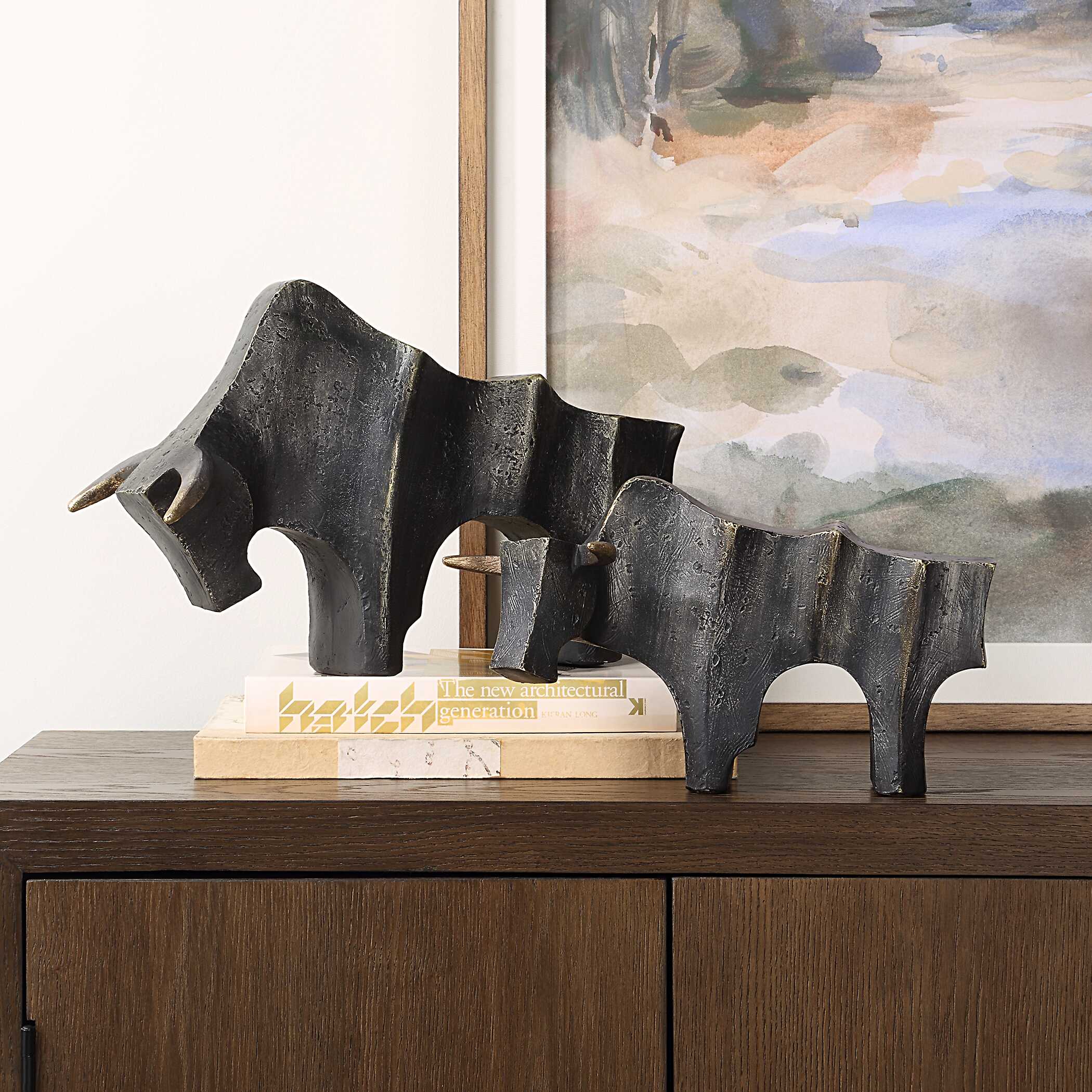 Regal Bull Bronze Sculptures Set/2, Decorative by Uttermost, 15" width x 9.5" height x 6.37" depth View 3