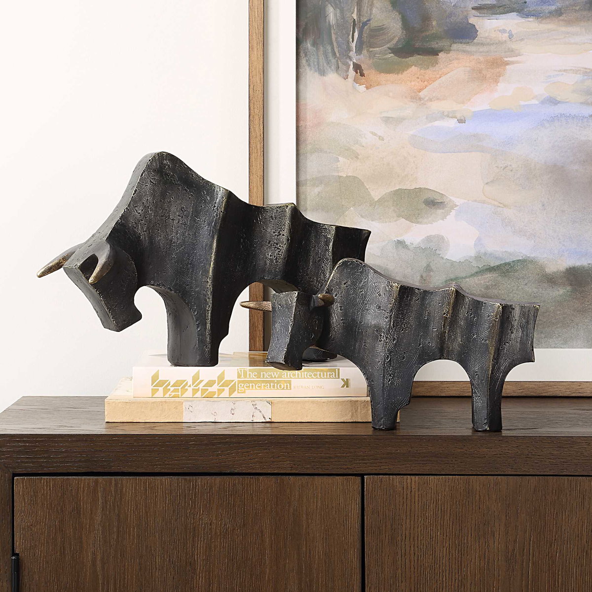 Regal Bull Bronze Sculptures Set/2, Figurines & Statue by Uttermost, 15" width x 9.5" height x 6.37" depth View 3