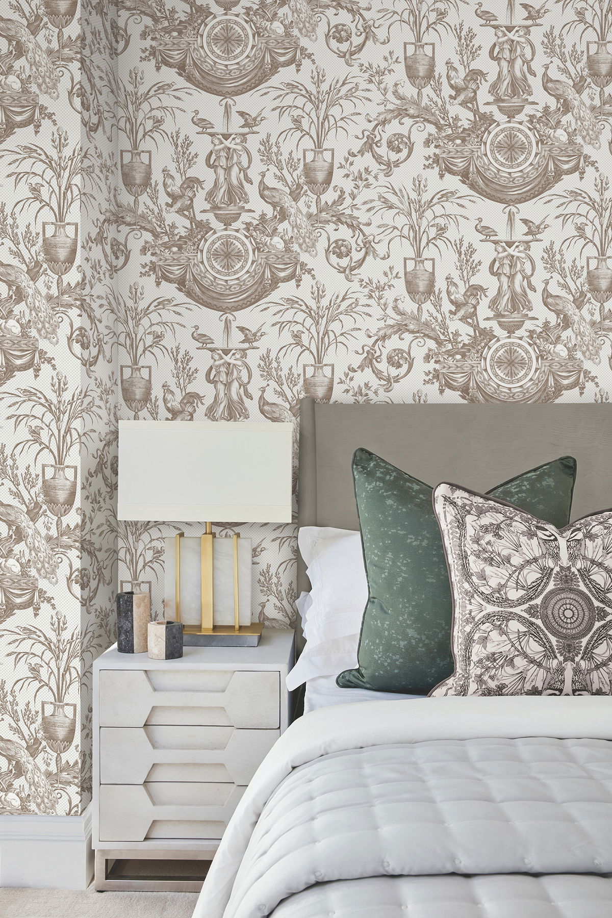 Avian Fountain Toile Mink Wallpaper large image 