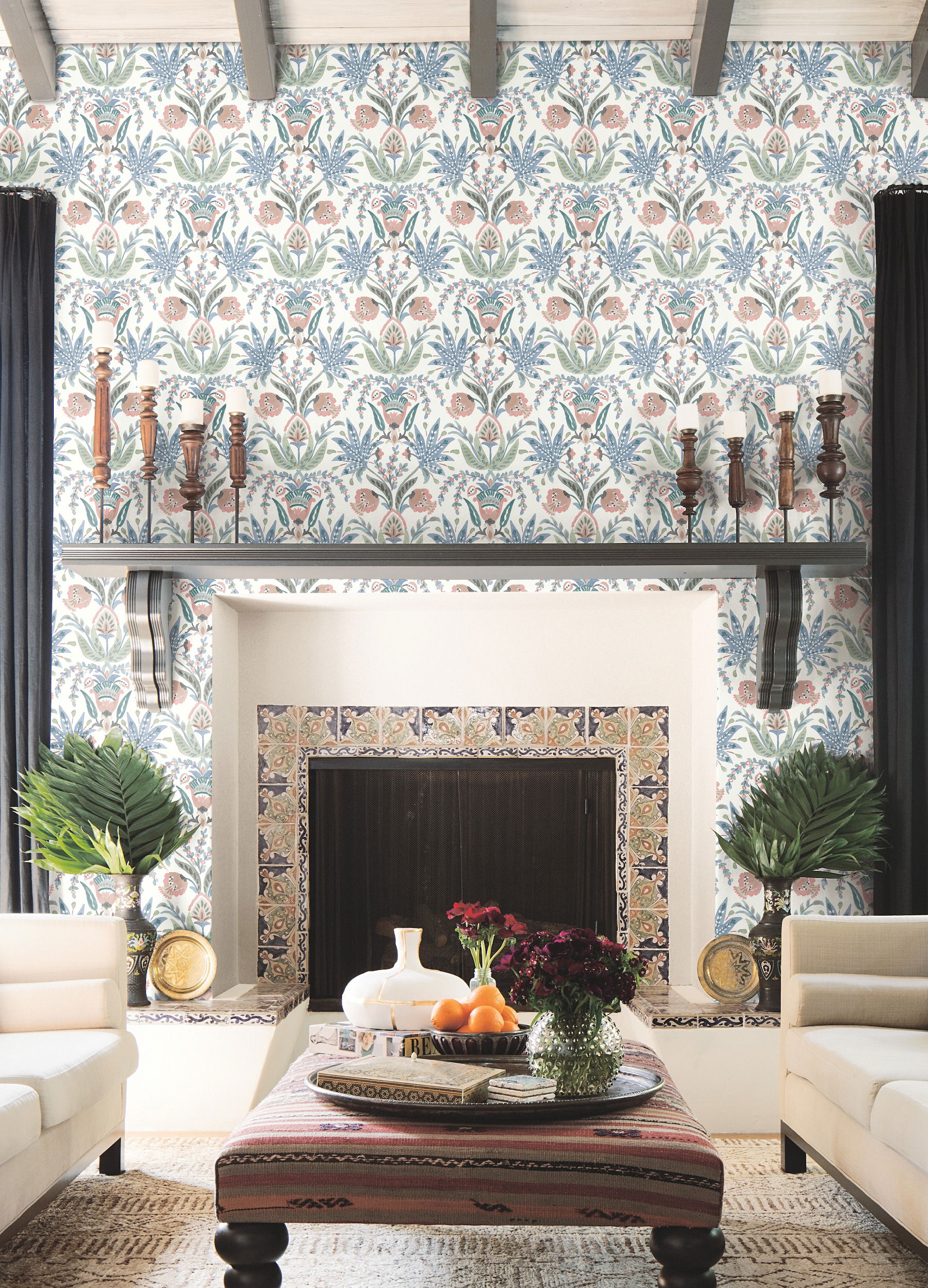 Seaside Jacobean Pink & Blue Wallpaper large image 