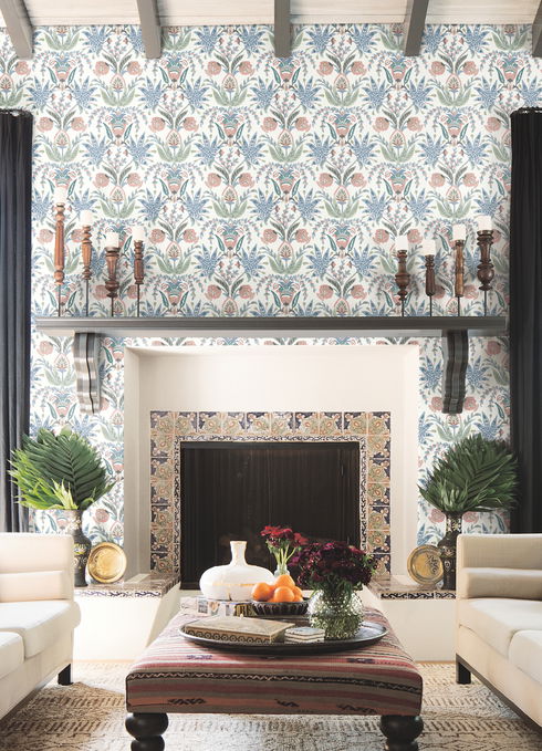 Seaside Jacobean Pink & Blue Wallpaper