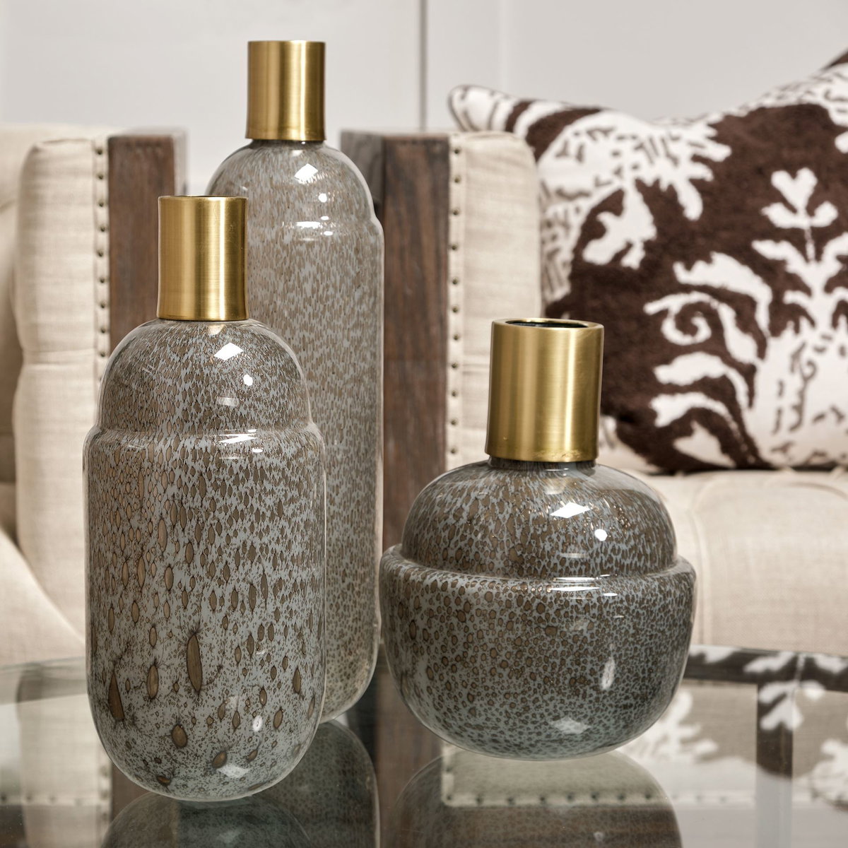 Toba II Tall Brown/Gold Spotted Gourd Style Vase, by Mercana, 4.8" length x 4.8" width x 11.85" height View 2