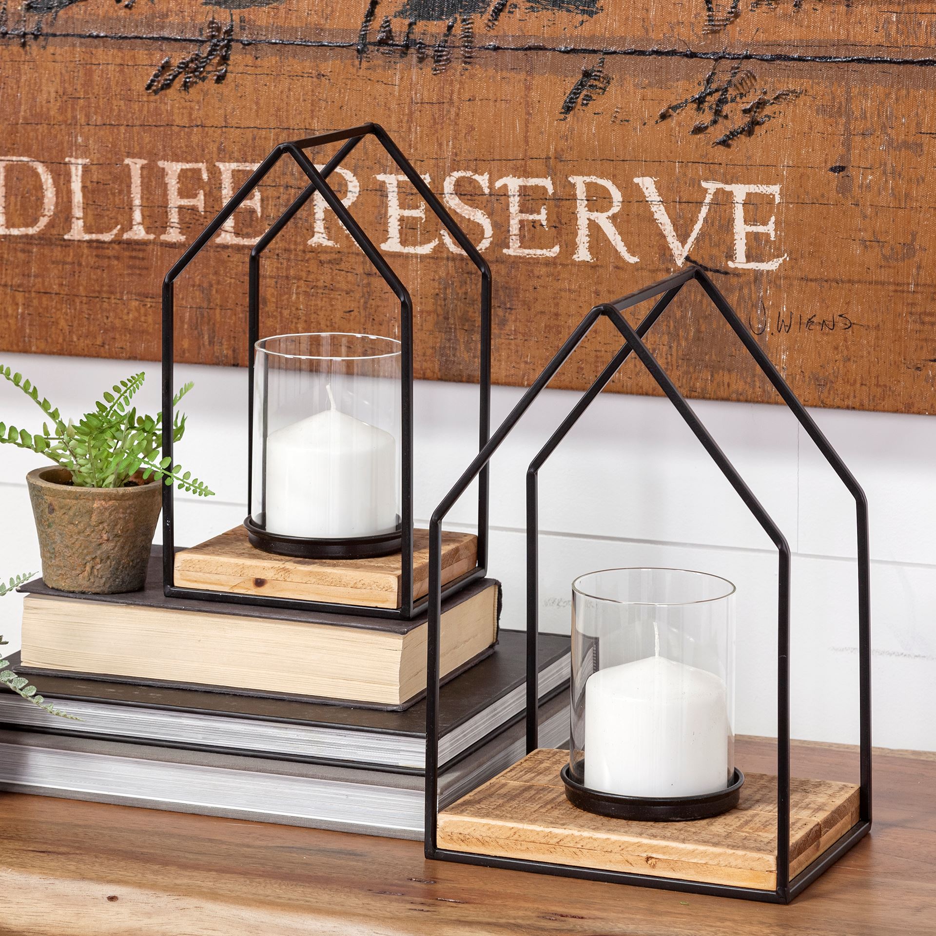 Leopold Set of Two Black Metal Wooden Base Table Candle Holders large image 