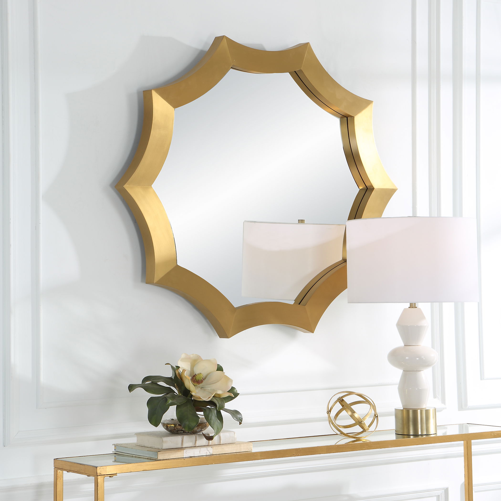 Flare Brushed Brass Round Mirror large image 