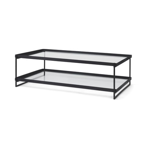 Trey 56"L x 32"W x 17"H Black Metal with Glass Coffee Table
