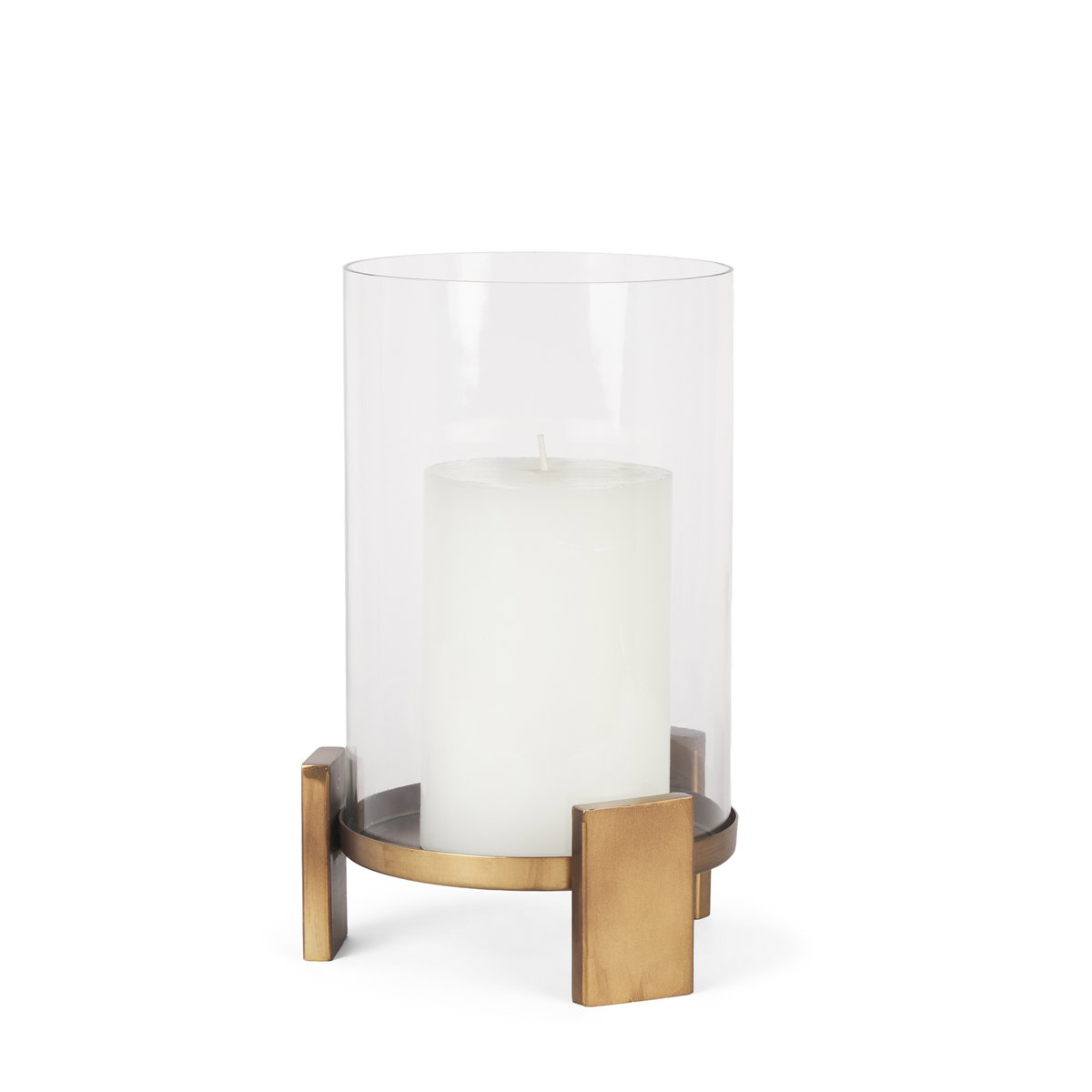 Price Small Antiqued Gold Metal with Glass Hurricane Candle Holder, Candles & Candle Holder by Mercana, 8" length x 8" width x 11.5" height View 1