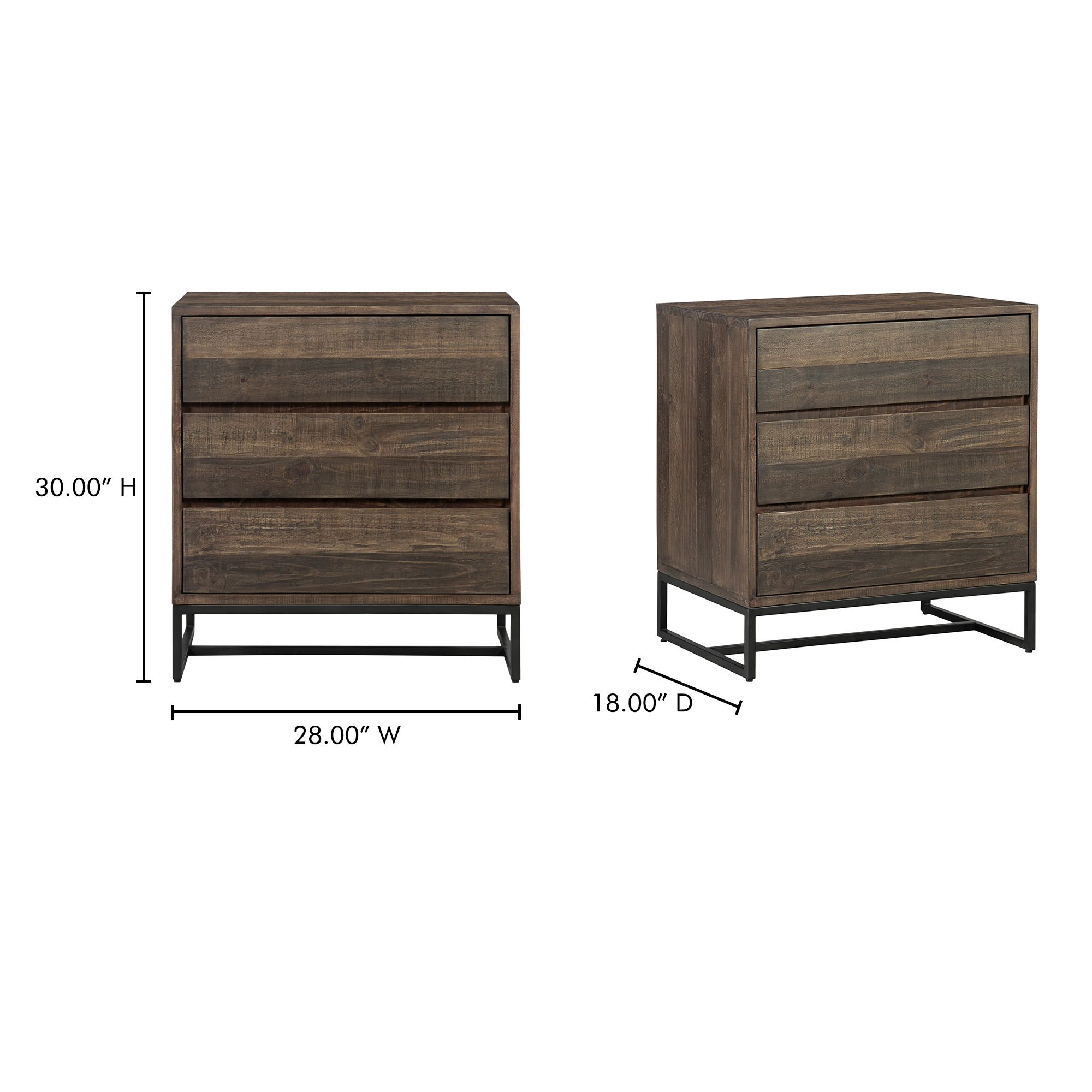 Elena 3 Drawer Nightstand Brown, Dresser by Moe's Home, 28" width x 30" height x 18" depth View 9