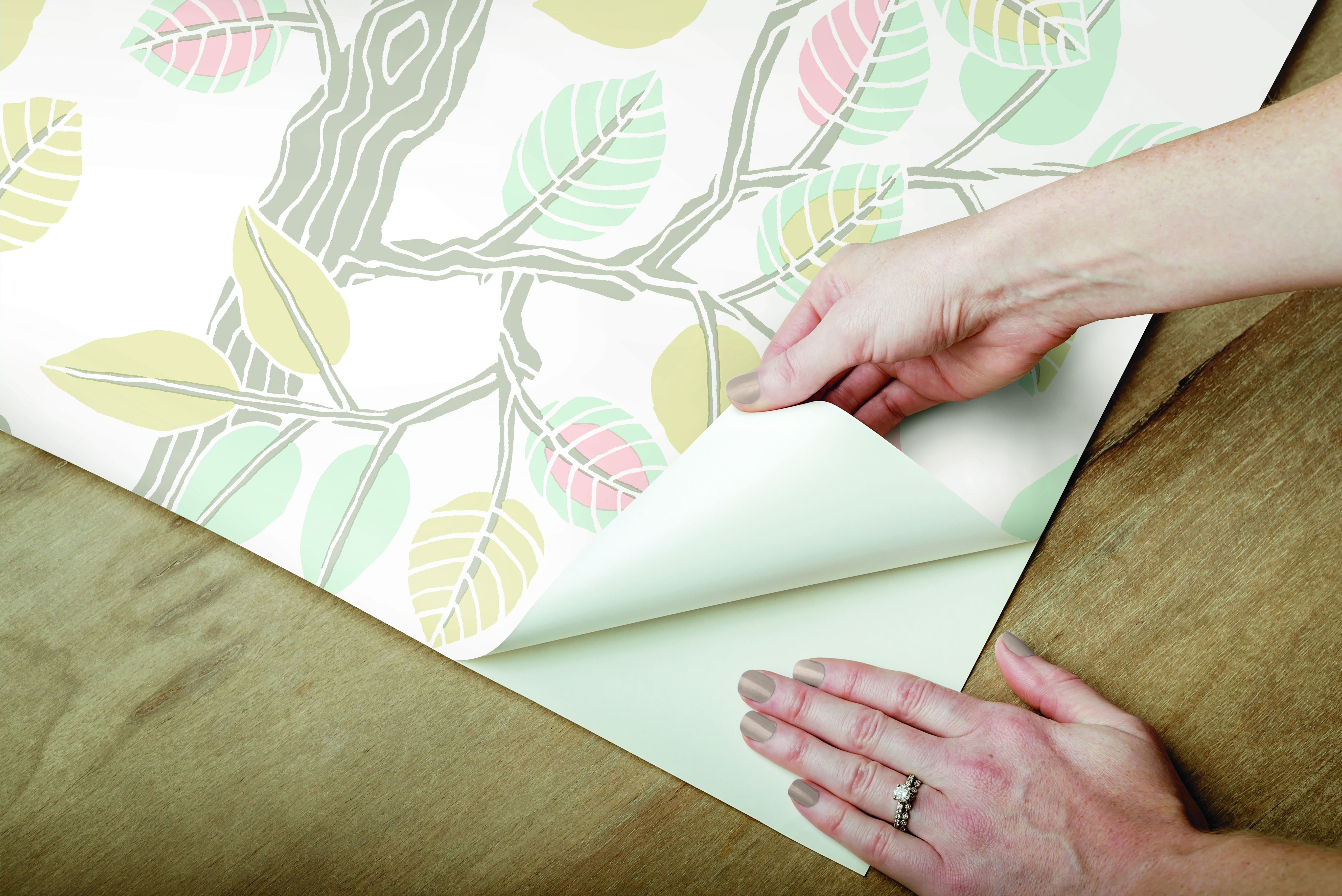 Forest Leaves Pink & Mint Peel & Stick Wallpaper large image 