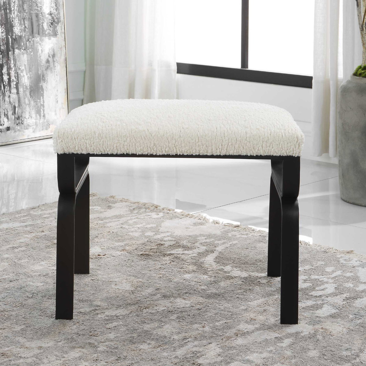 Diverge White Shearling Small Bench, Benche by Uttermost, 22.75" width x 18.75" height x 15.12" depth View 4