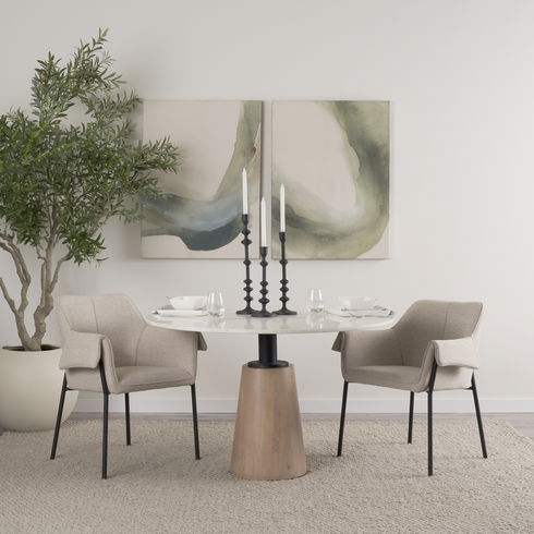 Maxwell 48L x 48W x 30H White Marble Round Top with Black Metal and Wood Pedestal Base Dining Table