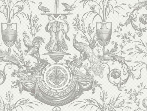 Avian Fountain Toile Grey Wallpaper
