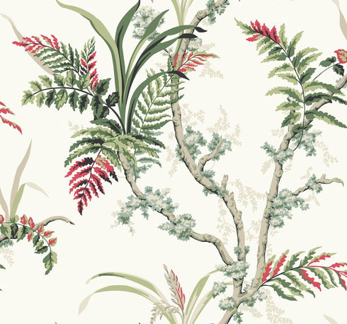 Enchanted Fern Green & Red Wallpaper