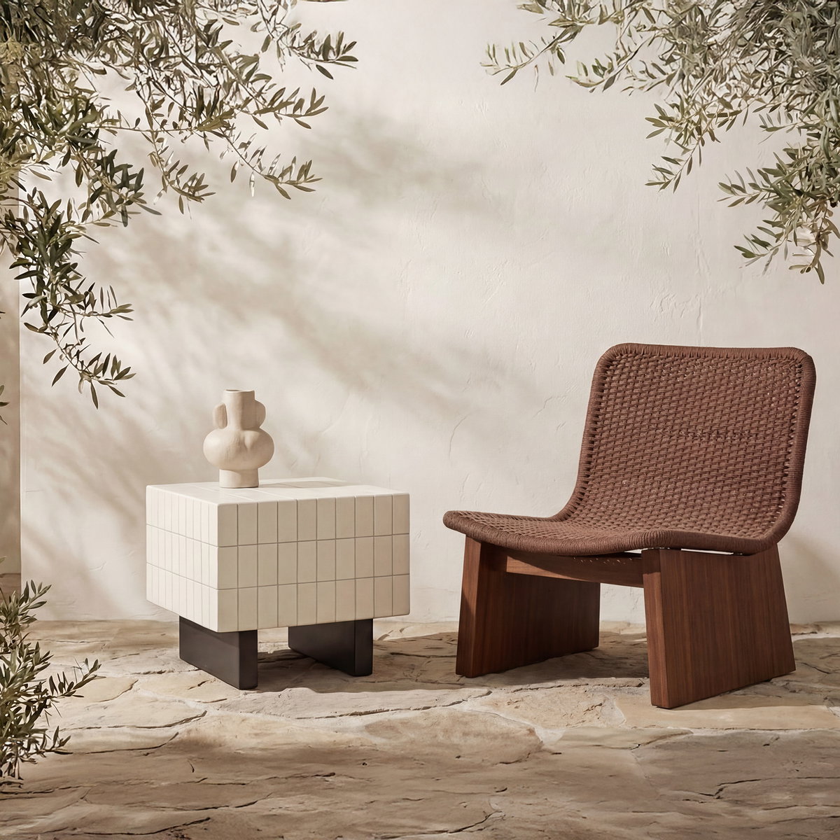Farren Outdoor Side Table Cream, Outdoor Table by Moe's Home, 1'8" width x 1'6" height x 1'8" depth View 6
