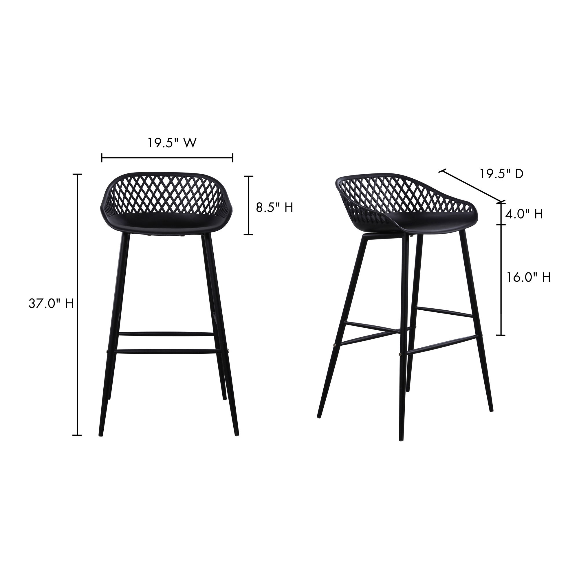 Piazza Outdoor Barstool Black - Set Of Two, Counter & Bar Stool by Moe's Home, 19.29" width x 37.2" height x 19.68" depth View 10