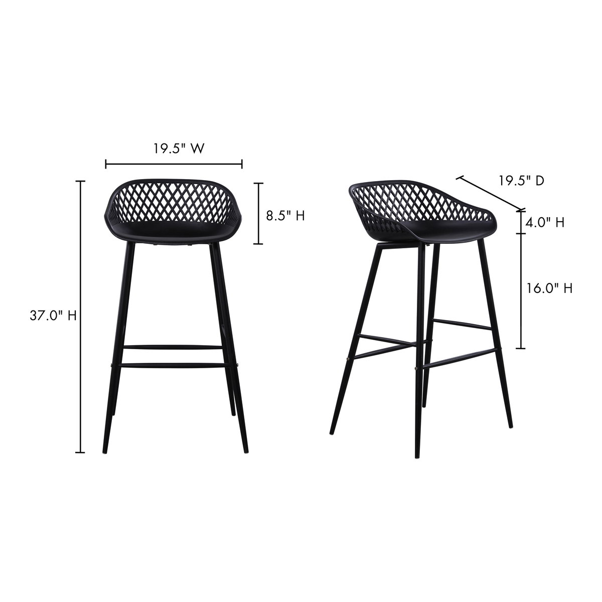 Piazza Outdoor Barstool Black - Set Of Two, Outdoor Chair by Moe's Home, 1'7.29" width x 3'1.2" height x 1'7.68" depth View 12