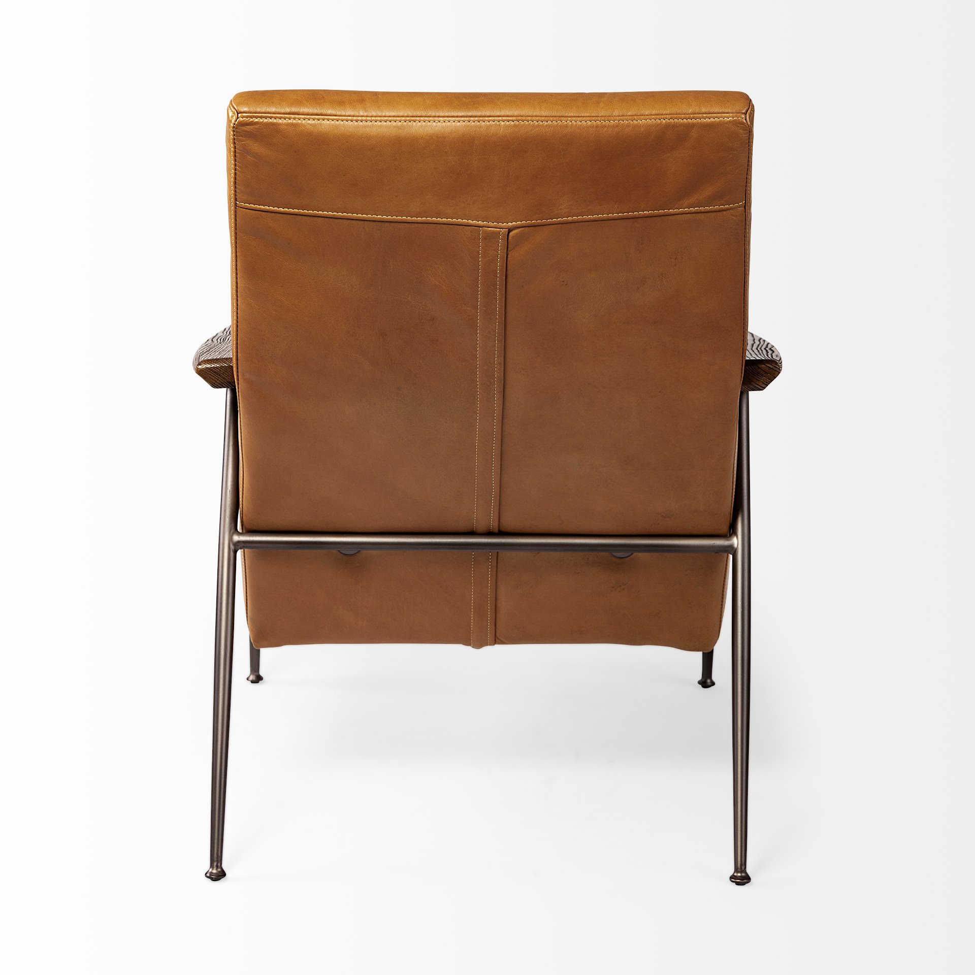 Grosjean Brown Leather Wrap Metal Frame Accent Chair, by Mercana, 27.56" length x 37.01" width x 34.65" height View 7