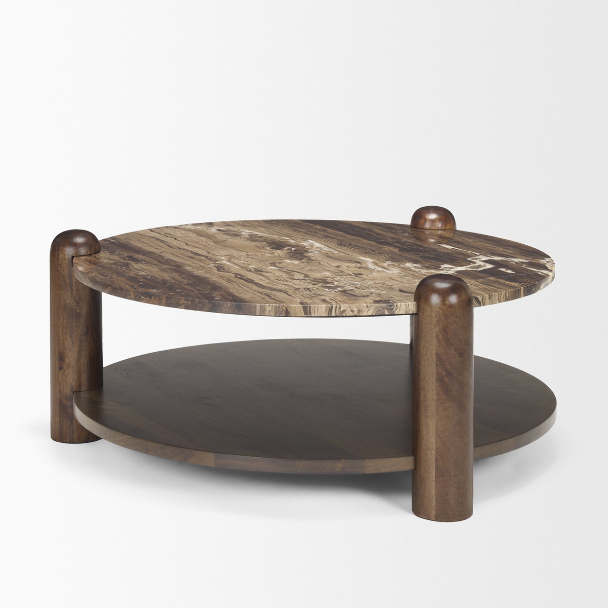 Jovia Brown Mango Wood with Cappuccino Marble Round Coffee Table, by Mercana, 36" length x 36" width x 16" height View 10