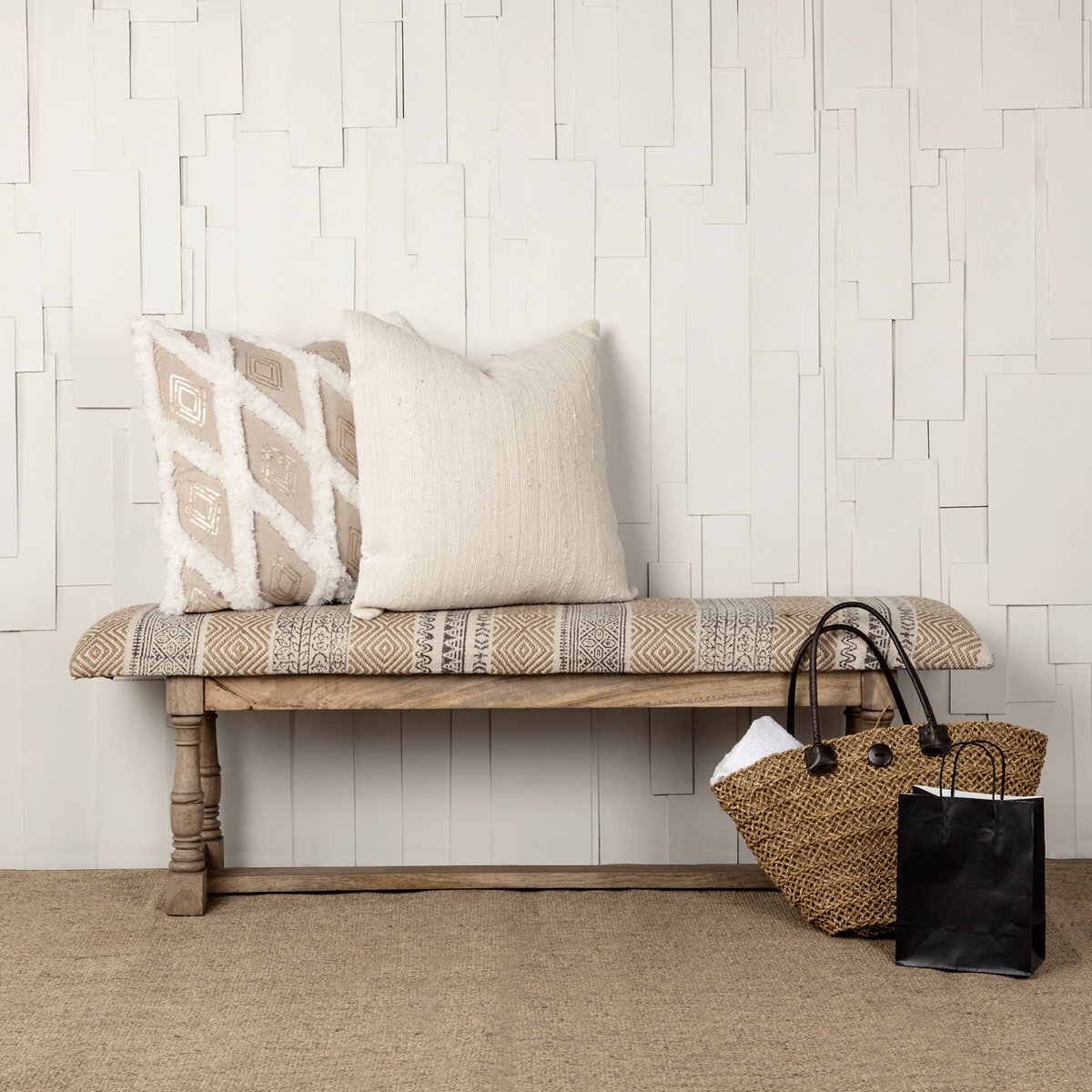 Greenfield II 59L x 14W Patterned Tan Upholstered Wood Frame Accent Bench, Benche by Mercana, 59" length x 14" width x 19" height View 2