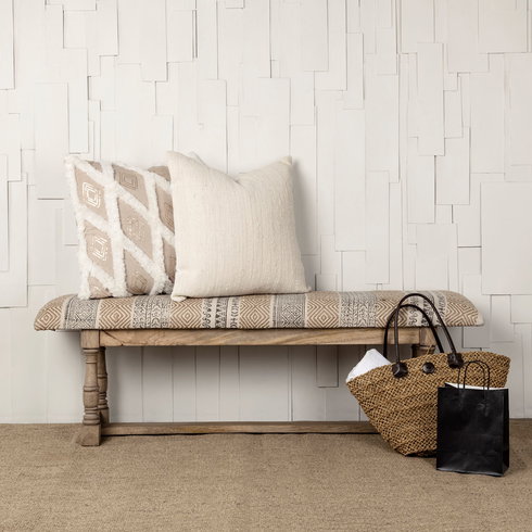 Greenfield II 59L x 14W Patterned Tan Upholstered Wood Frame Accent Bench
